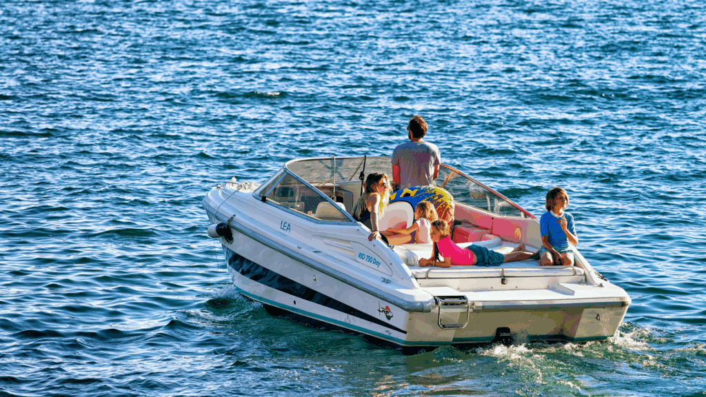 Motorboat sailing with family