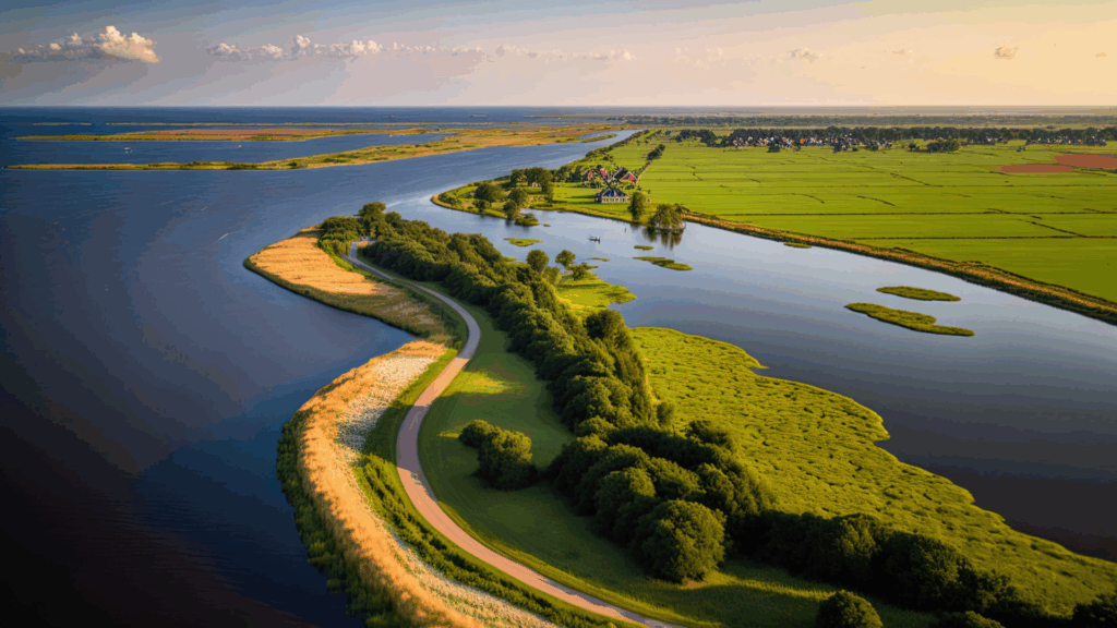 Aerial image of the Dutch province of Overijssel's coastal area and IJsselmeer dike near Zwarte Water. European landscape scene in the wilderness. Generative AI