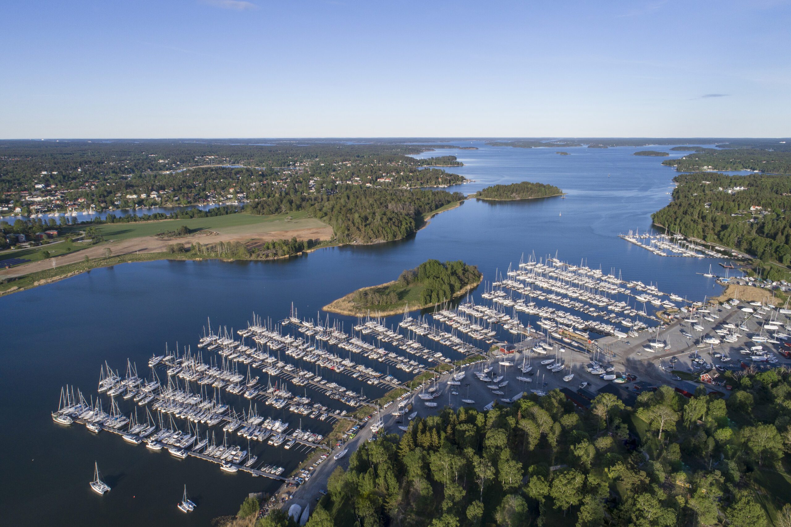 Aerial view of Svinninge Marina, a small harbor near Åkersberga, Sweden.